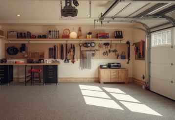 Modern organized garage workshop with custom cabinets, smart storage, and garage door in Citrus Heights