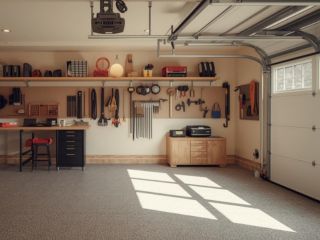 Modern organized garage workshop with custom cabinets, smart storage, and garage door in Citrus Heights