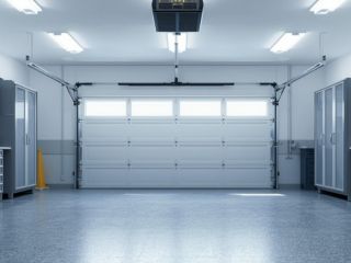 Modern organized garage interior with custom cabinets and new sectional door in Citrus Heights