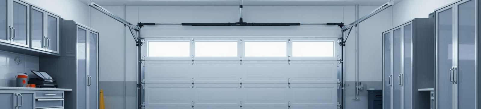 Modern organized garage interior with custom cabinets and new sectional door in Citrus Heights