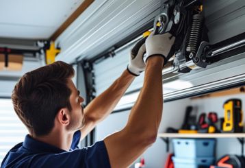 Technician inspecting and repairing a garage door mechanism during regular maintenance in Citrus Heights