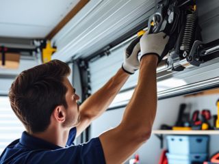 Technician inspecting and repairing a garage door mechanism during regular maintenance in Citrus Heights
